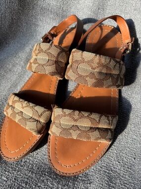 Coach Tan & Brown Signature Canvas Slingback Sandals